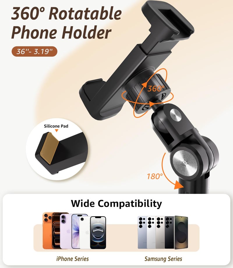 Arsoer Phone Floor Stand, Overhead Phone Mount with Extendable Horizontal Arm & Remote, 360Â° Rotatable Extension Arm, Adjustable Tripod Stand for iPhone17, Video Recording, Photography, Live Streaming - Image 4