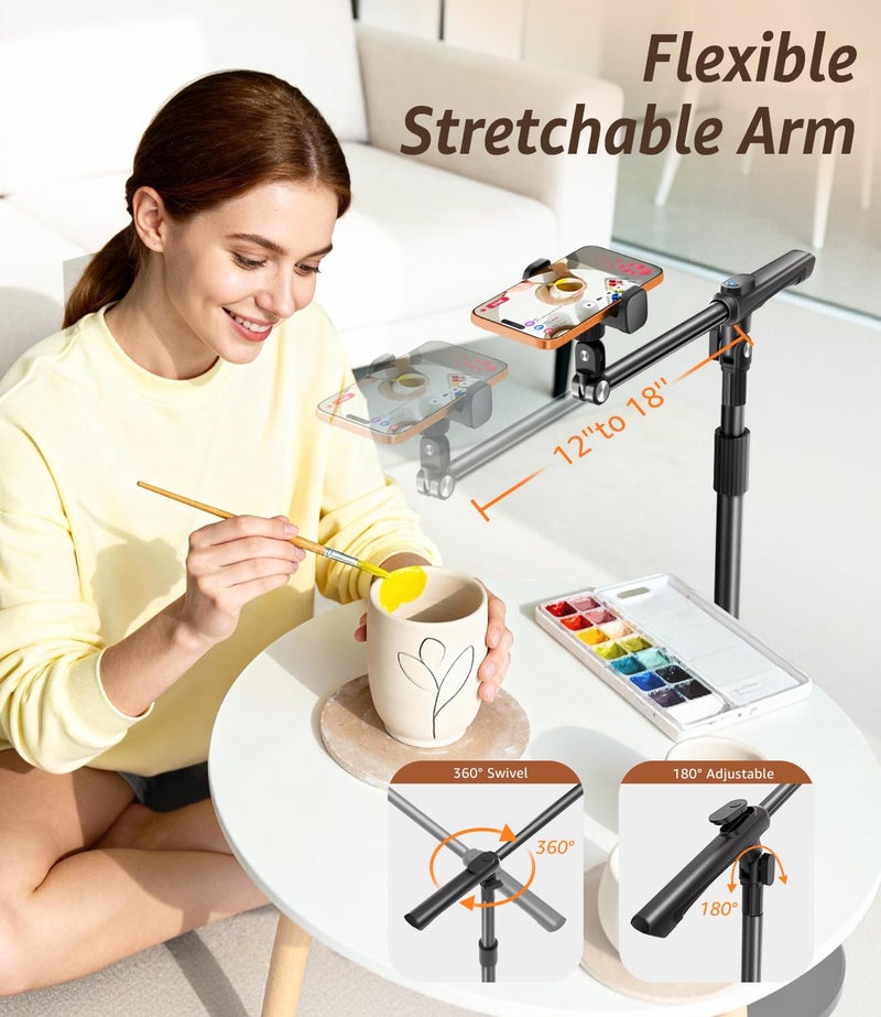 Arsoer Phone Floor Stand, Overhead Phone Mount with Extendable Horizontal Arm & Remote, 360Â° Rotatable Extension Arm, Adjustable Tripod Stand for iPhone17, Video Recording, Photography, Live Streaming - Image 3