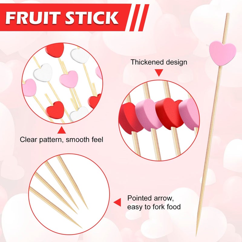 FUGUIR 100 Pcs Heart Cocktail Picks 4.7 Inch Long Red Pink White Heart Shaped Bamboo Toothpicks Fruit Sticks for Birthday Wedding Valentines Day Decoration Party Supplies - Image 2