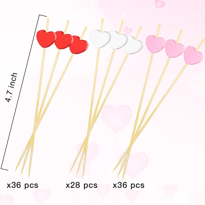 FUGUIR 100 Pcs Heart Cocktail Picks 4.7 Inch Long Red Pink White Heart Shaped Bamboo Toothpicks Fruit Sticks for Birthday Wedding Valentines Day Decoration Party Supplies - Image 3