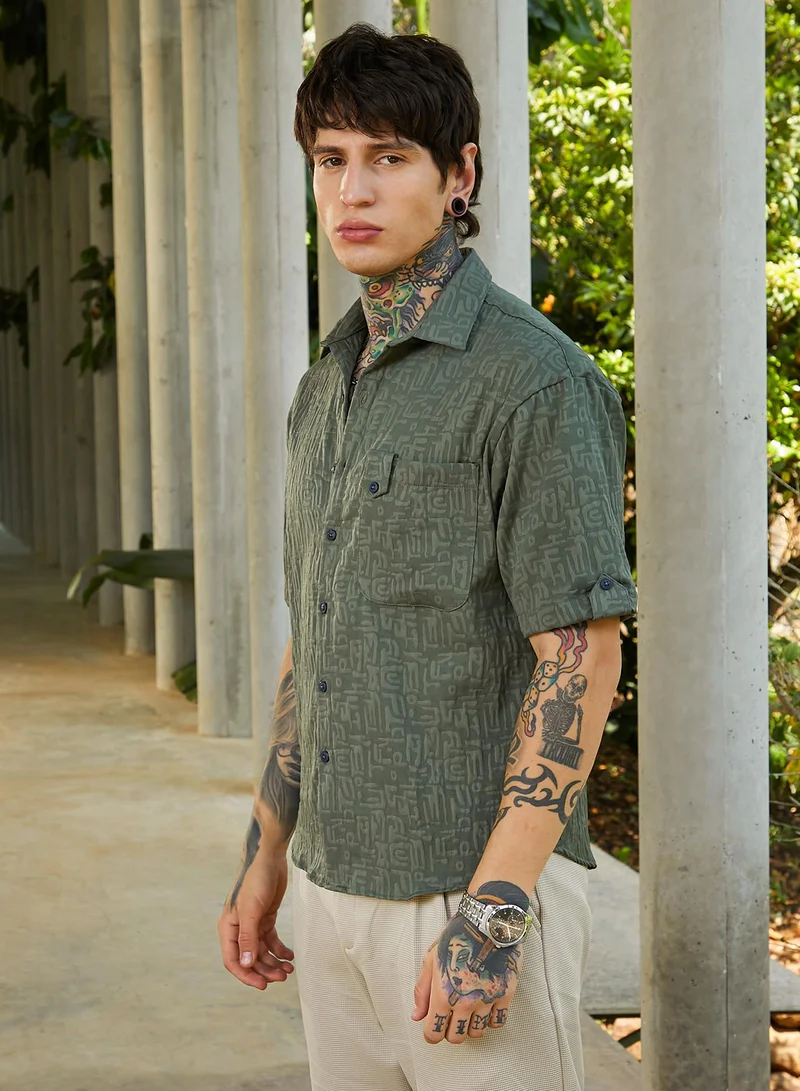 كامبوس سوترا Men's Emerald Green Aztec-Tactile Oversized Shirt