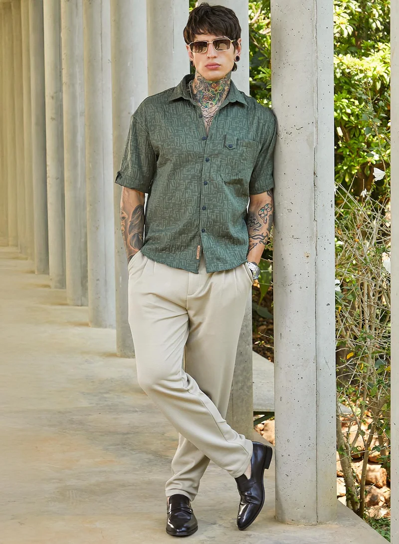 كامبوس سوترا Men's Emerald Green Aztec-Tactile Oversized Shirt