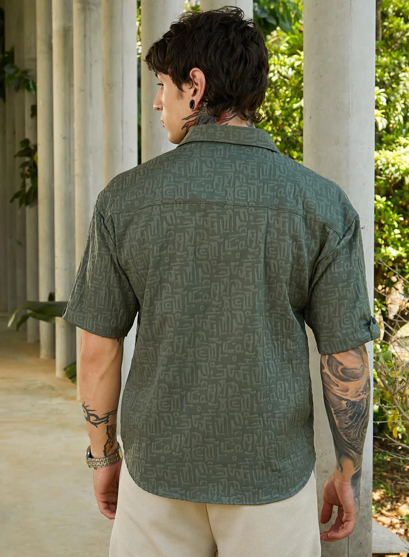 كامبوس سوترا Men's Emerald Green Aztec-Tactile Oversized Shirt