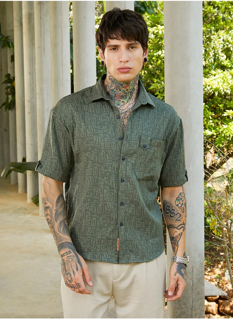 كامبوس سوترا Men's Emerald Green Aztec-Tactile Oversized Shirt