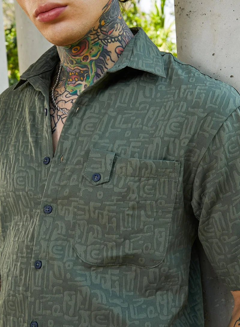 كامبوس سوترا Men's Emerald Green Aztec-Tactile Oversized Shirt