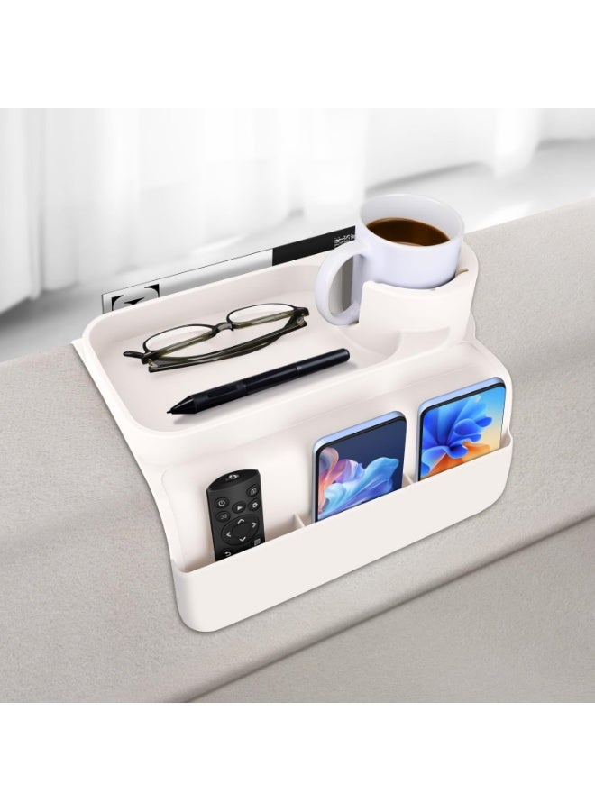 FALMER Couch Cup Holder Tray, Silicone Sofa Armrest Organizer with Side Pockets for Remote, Cell Phone, Tablet, Snack Storage, Spill-Proof and Non-Slip Drink Holder (White) - Image 1