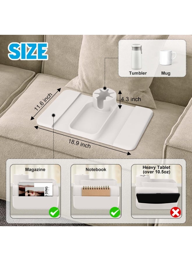 FALMER Couch Cup Holder Tray, Silicone Sofa Armrest Organizer with Side Pockets for Remote, Cell Phone, Tablet, Snack Storage, Spill-Proof and Non-Slip Drink Holder (White) - Image 2