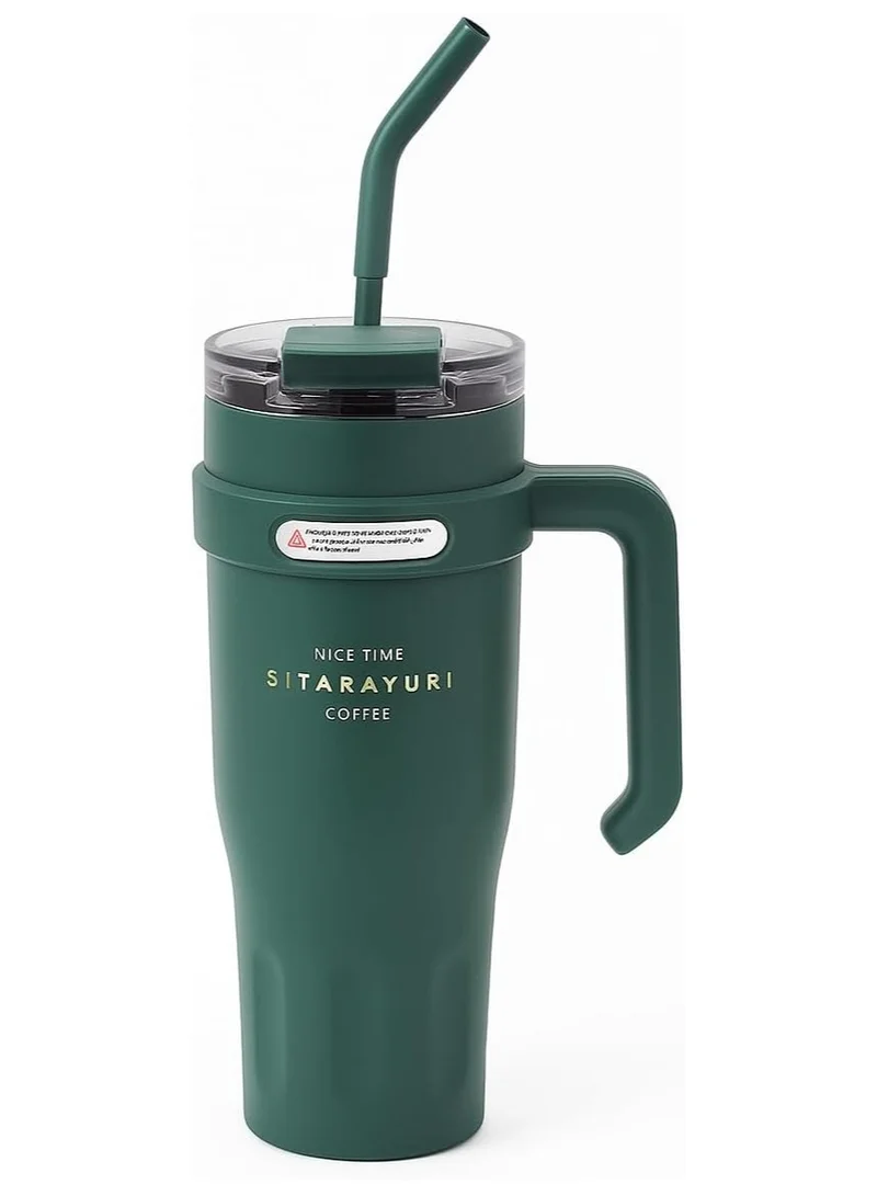 Mobcos 40oz Stainless Steel Tumbler with Handle – Leakproof, Insulated Travel Mug with Lid &amp; Straw – Reusable Double-Wall Vacuum Cup for Hot &amp; Cold Drinks for Girls and Boys for Outdoor (Green)