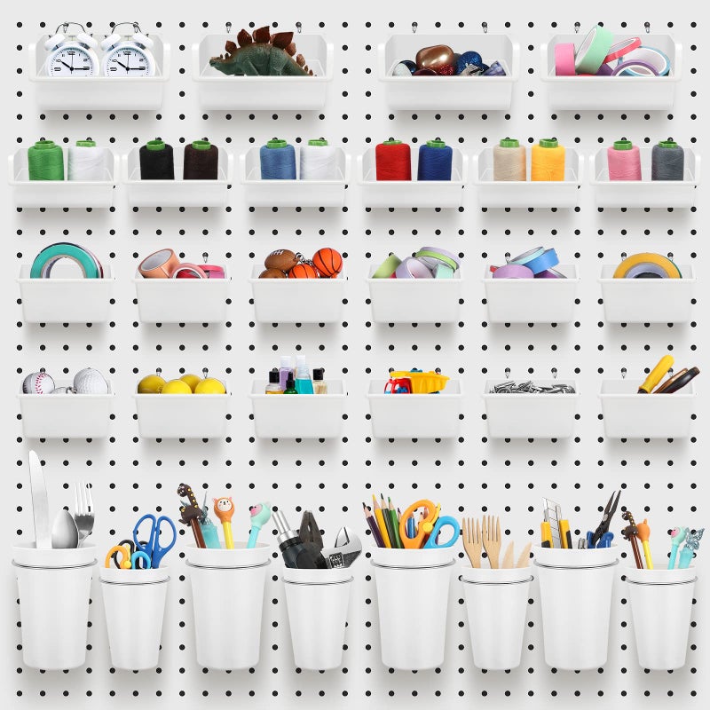 Roowest 60 Pcs Pegboard Cups Pegboard Bins Set, Wall Organizer with Hooks and Loops, Hooks Assortment Organizer Accessory for Office Storage Garage Craft Workshop(White) - Image 1