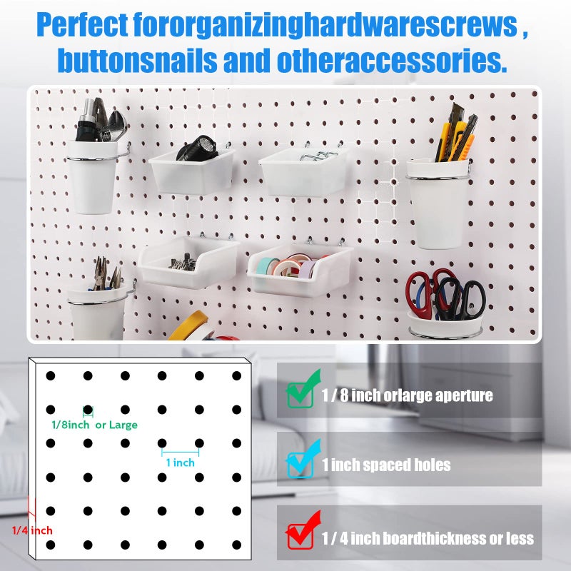 Roowest 60 Pcs Pegboard Cups Pegboard Bins Set, Wall Organizer with Hooks and Loops, Hooks Assortment Organizer Accessory for Office Storage Garage Craft Workshop(White) - Image 3