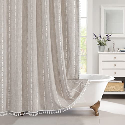 MitoVilla Boho Farmhouse Fabric Shower Curtain, Tan Brown Modern Polyester Linen Shower Curtains for Vintage Rustic Bathroom Decor, Country Tassel Thick Cloth Shower Curtain, Taupe, 72 x 72 - Image 1