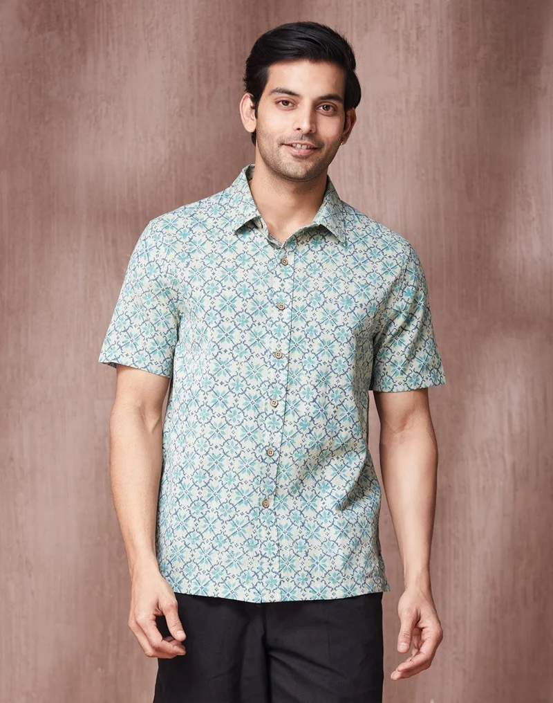 فاب انديا Teal Cotton Hand Block Printed Bush Shirt