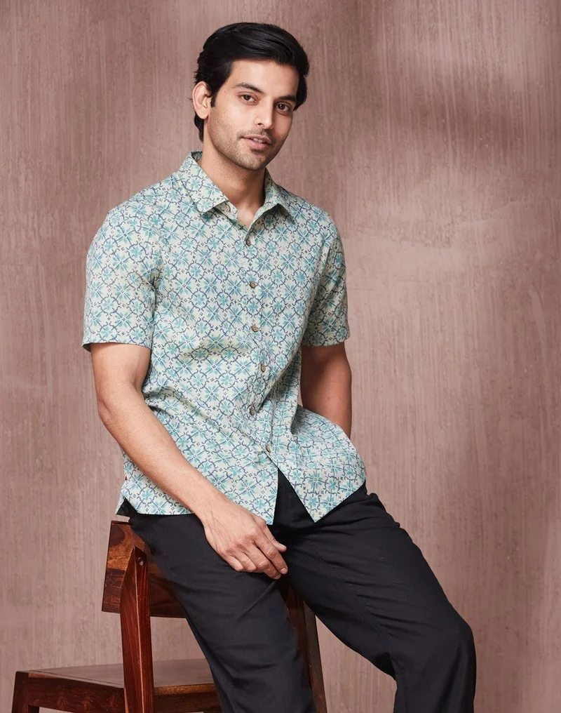 فاب انديا Teal Cotton Hand Block Printed Bush Shirt