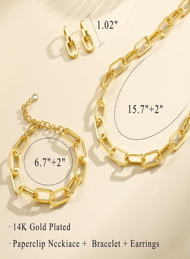 KesaPlan Gold Chain Necklace Bracelet and Earrings for Women Silver Chunky Jewelry Set, 14K Gold Plated Ladies Dainty and Chunky Chain Link Paperclip Jewelry Set for Women Gifts (Paperclip Set Gold 2) - Image 5