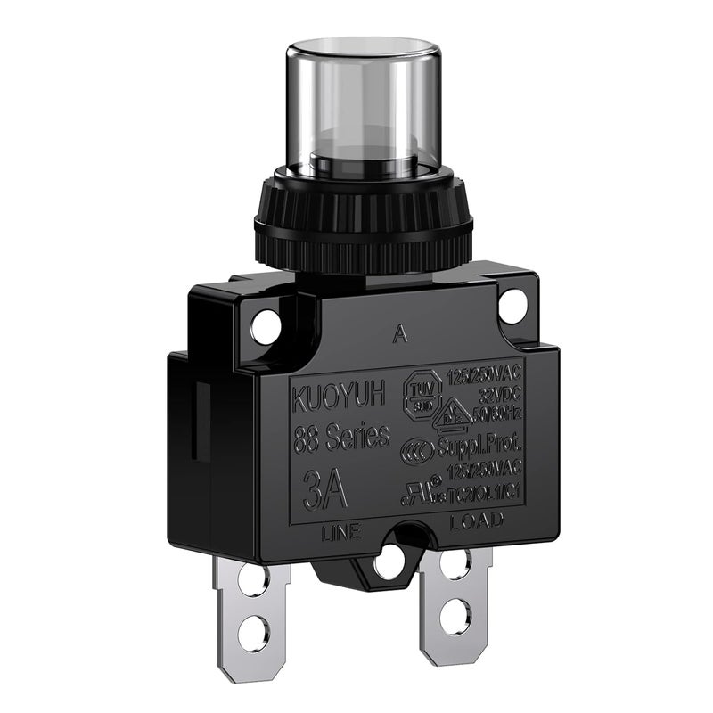DIYhz 3Amp Circuit Breakers Thermal Overload Switch Protector 88 Series Manual Push Button Reset with Quick Connect Terminals and Waterproof Button Cap 32VDC or 125/250VAC - Image 1