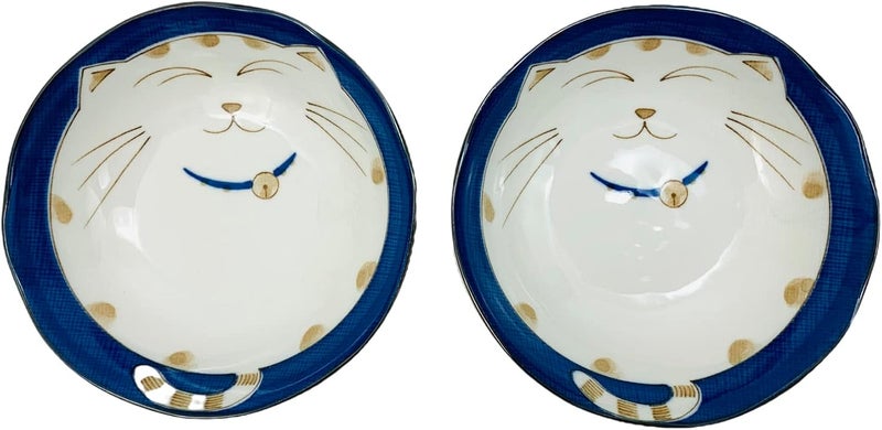 JapanBargain 2562 Japanese Porcelain Coupe Bowl Soup Bowl Cereal Bowl Salad Bowl Blue Color Maneki Neko Smiling Lucky Cat Pattern Made in Japan 612 inch Pack of 4 - Image 2