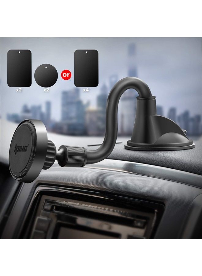 IPOW Long Arm Universal Magnetic Cradle Windshield Dashboard Cell Phone Mount Holder with 4 Metal Plates, Soft Firm Goose Arm & Enhanced Suction Cup - Image 1