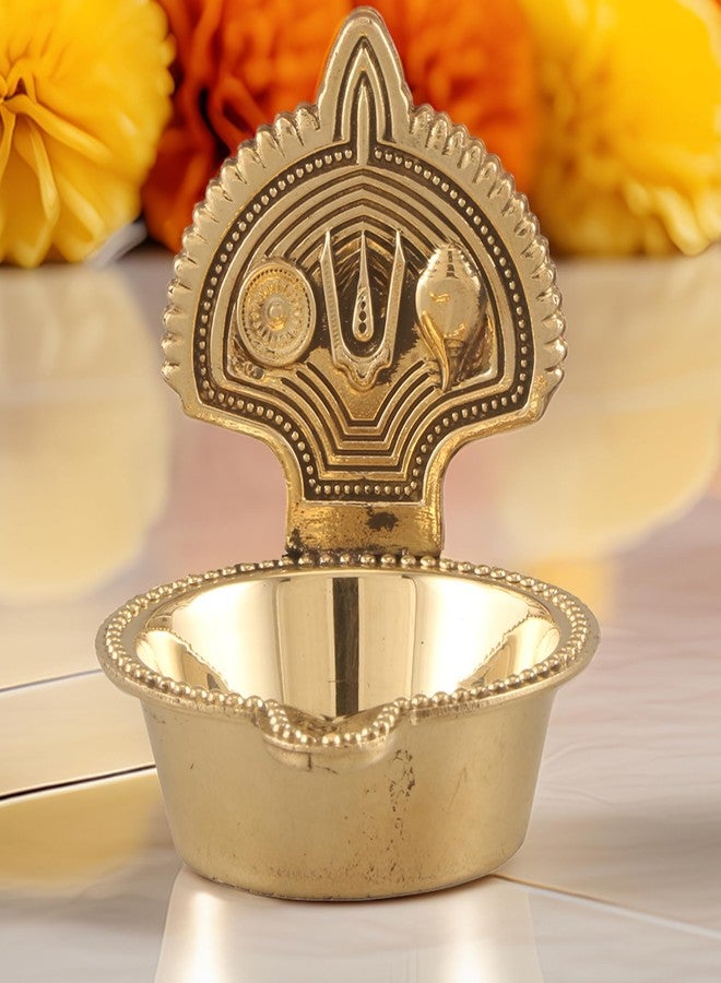 SACCH Brass Big Kamakshi Tilak Diya with Trishul, Shankh, Kalash & Chakra – Traditional Pooja Oil Lamp for Mandir & Home Decor – Sacred Symbols Deepam for Good Luck & Gifting (90g, 8cm Height) - Image 1