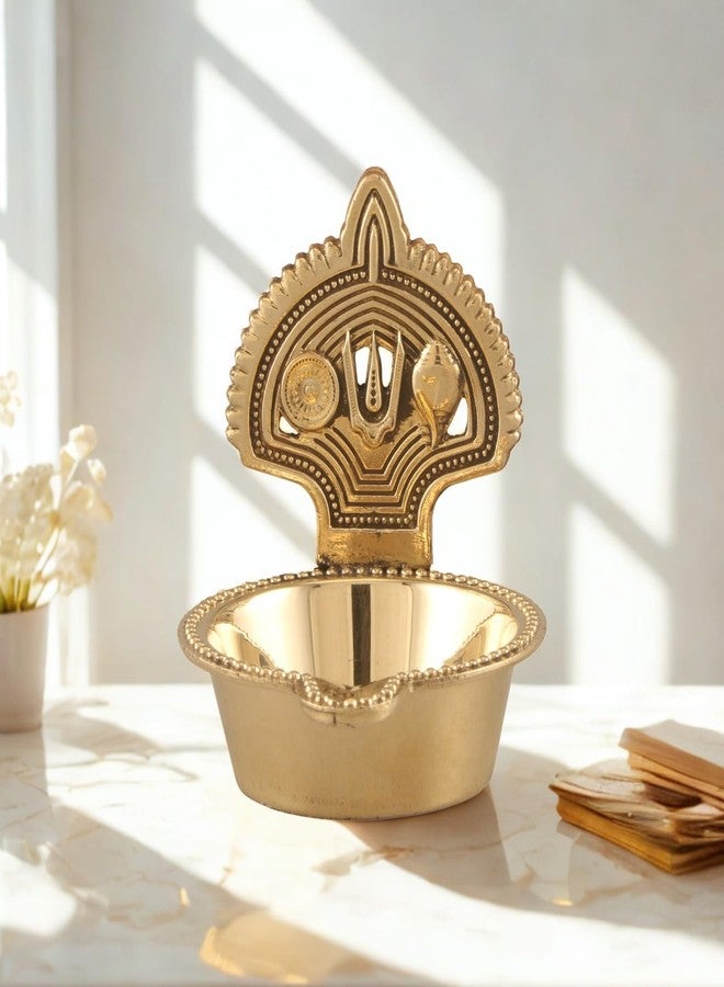 SACCH Brass Big Kamakshi Tilak Diya with Trishul, Shankh, Kalash & Chakra – Traditional Pooja Oil Lamp for Mandir & Home Decor – Sacred Symbols Deepam for Good Luck & Gifting (90g, 8cm Height) - Image 3