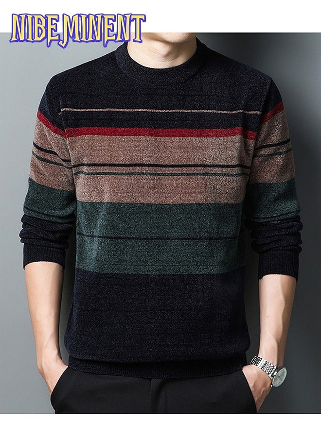 NIBEMINENT All Match Knitted Color Block Sweater, Men's Casual Warm High Stretch Crew Neck Pullover Sweater For Men Fall Winter  - Image 1
