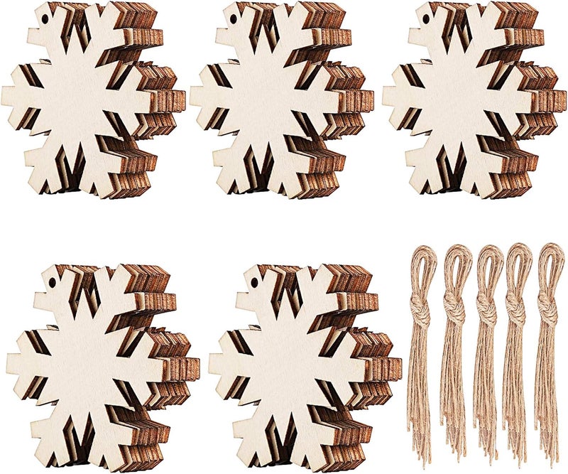 Tmflexe Unfinished Wooden Christmas Ornaments- 50-Pack Paintable Blank Xmas Tree Hanging Wood Slices for Kids DIY Art Crafts, Christmas DIY Wood Snowflake - Image 1