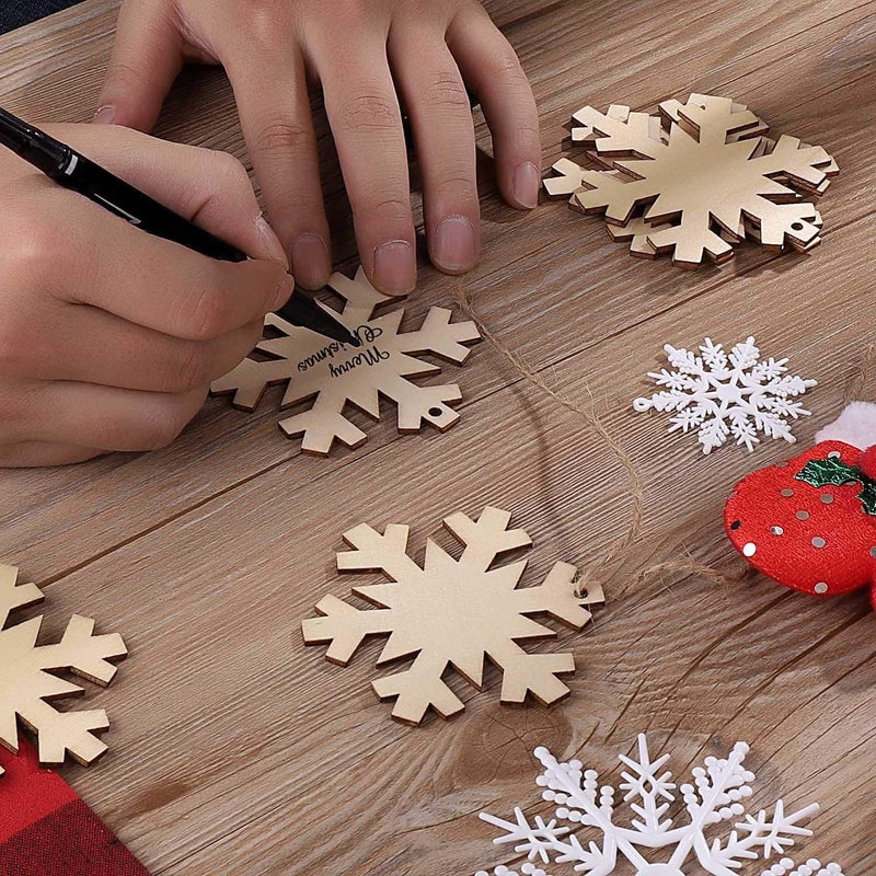 Tmflexe Unfinished Wooden Christmas Ornaments- 50-Pack Paintable Blank Xmas Tree Hanging Wood Slices for Kids DIY Art Crafts, Christmas DIY Wood Snowflake - Image 2