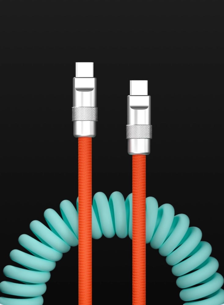 Suitable For Apple, Android, Mobile Phones, Car Audio Systems, CarPlay, Car Weaving, And Silicone Spring Data Cable.Orange + green color scheme 1-meter USB-A to C 15W iPhone 15/16 - Image 3