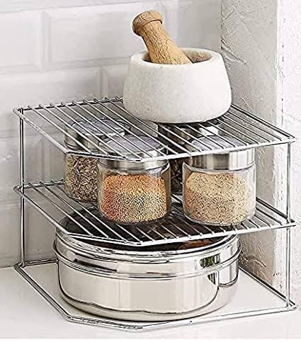 Cri8Hub Steel Countertop 3-Tier Storage Corners Rack For Kitchen| Plate Dish Corner Rack Stand Holder | Bartan Stand For Kitchen Organizer | Tray Pan Pot Storage Rack (Silver, Corner Shelf) - Image 5