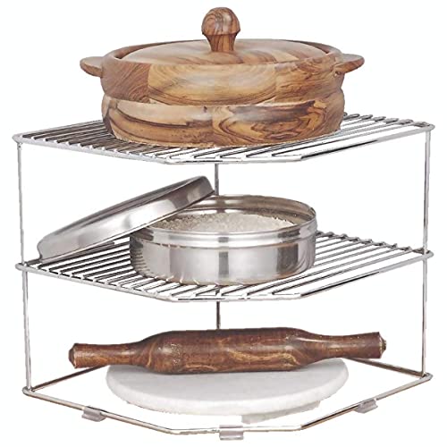 Cri8Hub Steel Countertop 3-Tier Storage Corners Rack For Kitchen| Plate Dish Corner Rack Stand Holder | Bartan Stand For Kitchen Organizer | Tray Pan Pot Storage Rack (Silver, Corner Shelf) - Image 3