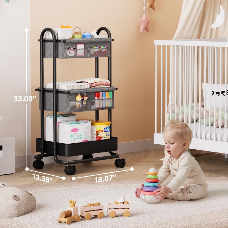 Modanais Baby Diaper Caddy Organizer Cart - 3 Tier Rolling Storage Cart with Wheels, Baby Essentials for Nursery Storage, Detachable Dividers - for Crib, Bedroom, Art & Craft Organizer (Black) - Image 2