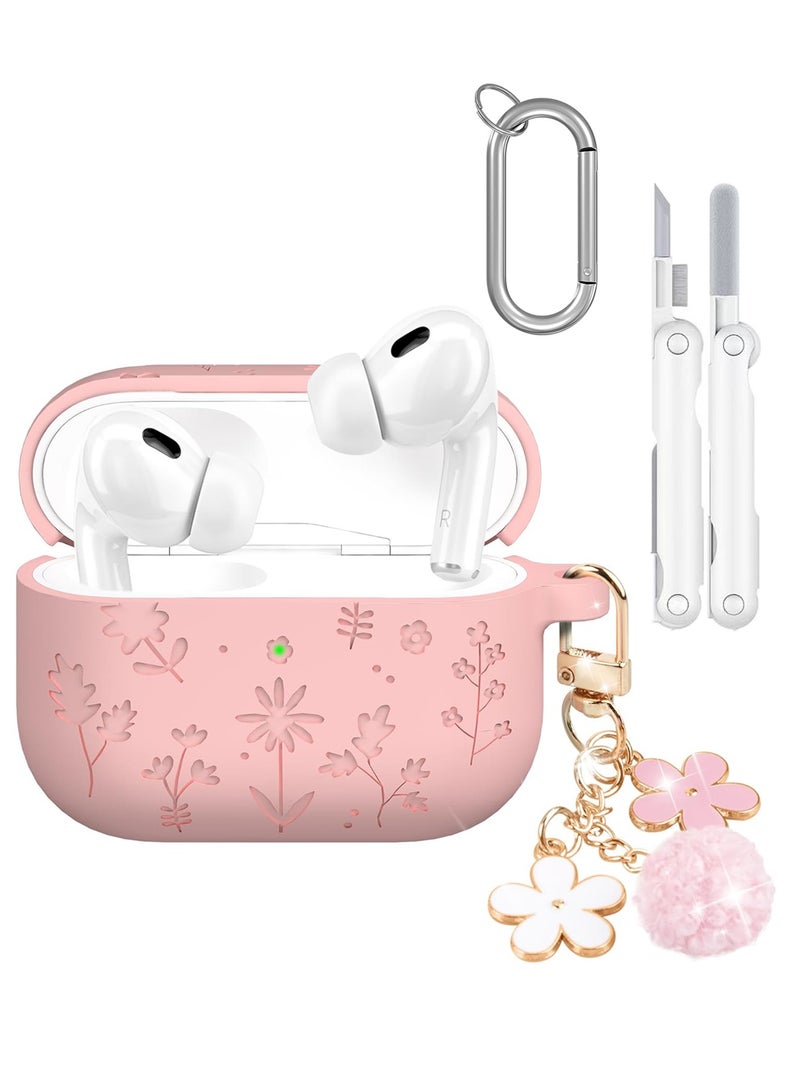 HaDoii Compatible with AirPods Pro 3 Case 2025 Cute with Cherry Blossom Keychain and Cleaning Kit, Soft Silicone Shockproof Flower Engraved Cover Compatible with AirPod Pro 3 Case Cover - Pink - Image 1