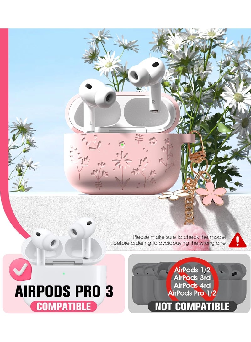 HaDoii Compatible with AirPods Pro 3 Case 2025 Cute with Cherry Blossom Keychain and Cleaning Kit, Soft Silicone Shockproof Flower Engraved Cover Compatible with AirPod Pro 3 Case Cover - Pink - Image 2