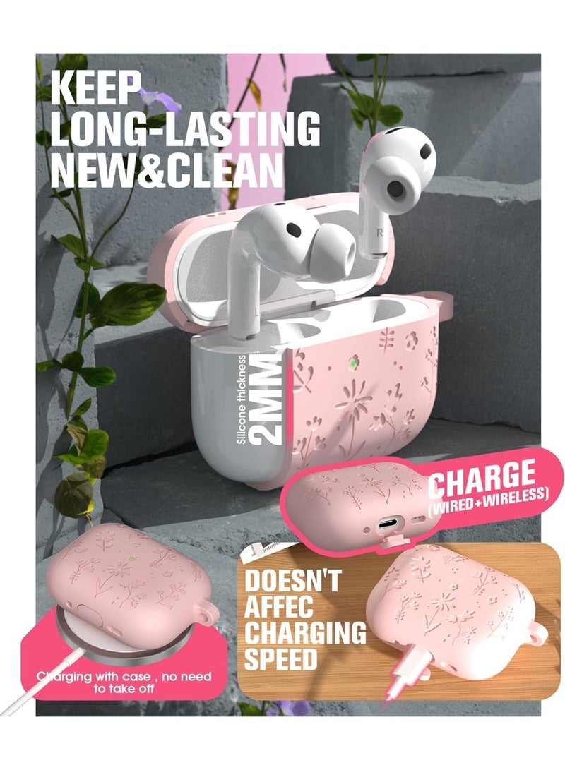 HaDoii Compatible with AirPods Pro 3 Case 2025 Cute with Cherry Blossom Keychain and Cleaning Kit, Soft Silicone Shockproof Flower Engraved Cover Compatible with AirPod Pro 3 Case Cover - Pink - Image 3