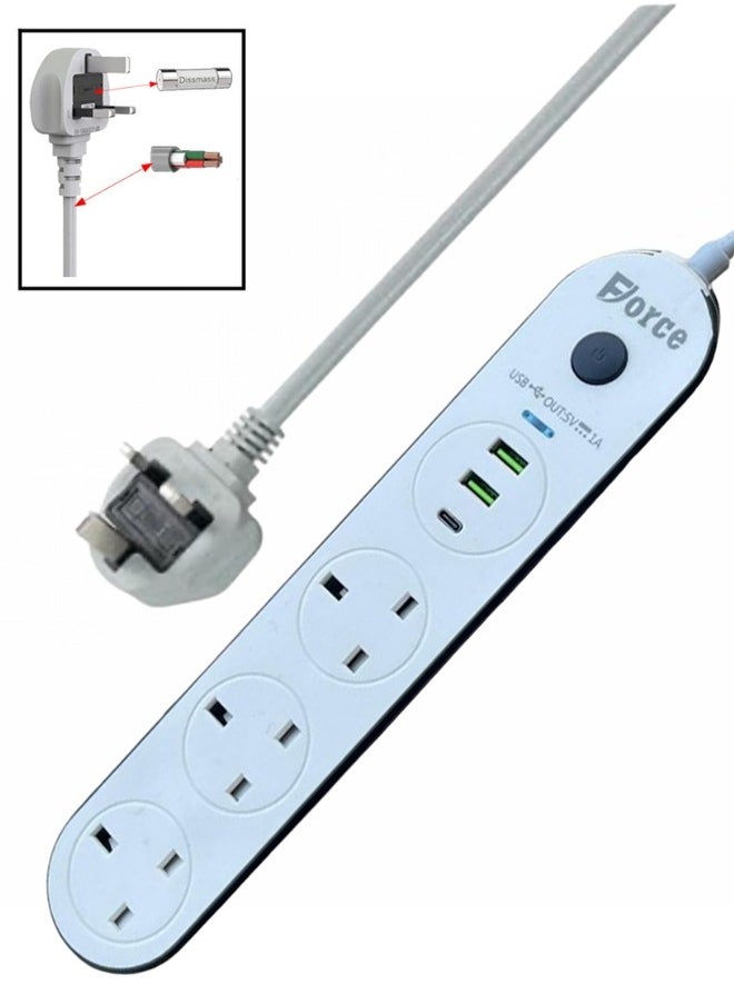 FORCE - Power Strips Extension Cord,3 Sockets Universal Plug Adapter with 3Meter Bold Extension Cable With 2USB Ports And 1PD Type-C,Power Extension Board,Extension Cable,Extension Socket For Home,Office,Kitchen ,Travel And More ((3Meter)) - Image 1