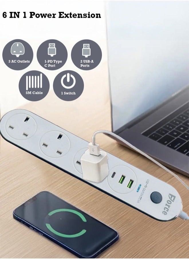 FORCE - Power Strips Extension Cord,3 Sockets Universal Plug Adapter with 3Meter Bold Extension Cable With 2USB Ports And 1PD Type-C,Power Extension Board,Extension Cable,Extension Socket For Home,Office,Kitchen ,Travel And More ((3Meter)) - Image 1