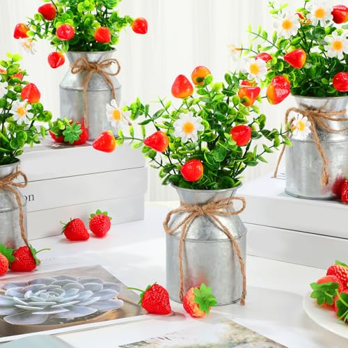 Mimorou 6 Sets Summer Strawberry Centerpieces for Tables Artificial Strawberry Daisy Plants with Vase and Fake Strawberries Berry Farmhouse Sweet Baby Shower Decor for Home Party Wedding Kitchen - Image 3