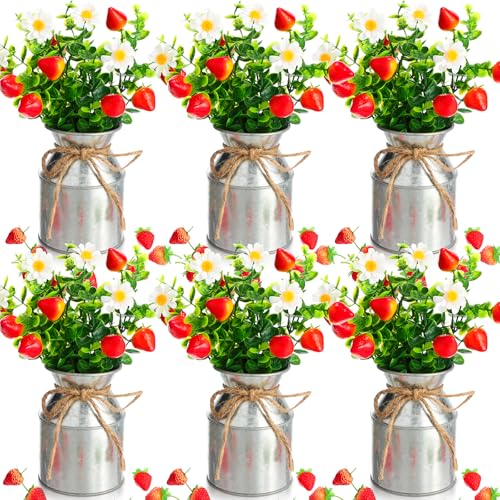 Mimorou 6 Sets Summer Strawberry Centerpieces for Tables Artificial Strawberry Daisy Plants with Vase and Fake Strawberries Berry Farmhouse Sweet Baby Shower Decor for Home Party Wedding Kitchen - Image 1