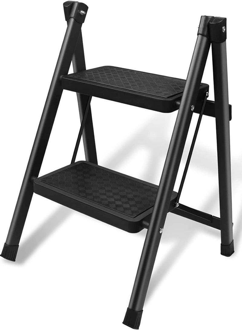 GUDOO درج مزدوج قابل للطي للمطبخ والخزانة المنزلية للبالغين، درج صغير خفيف الوزن قابل للطي والانهيار، درج خطوتين محمول للاستخدام في المنزل والمطبخ والحديقة والمكتب، درج خطوتين باللون الأسود. - Image 1