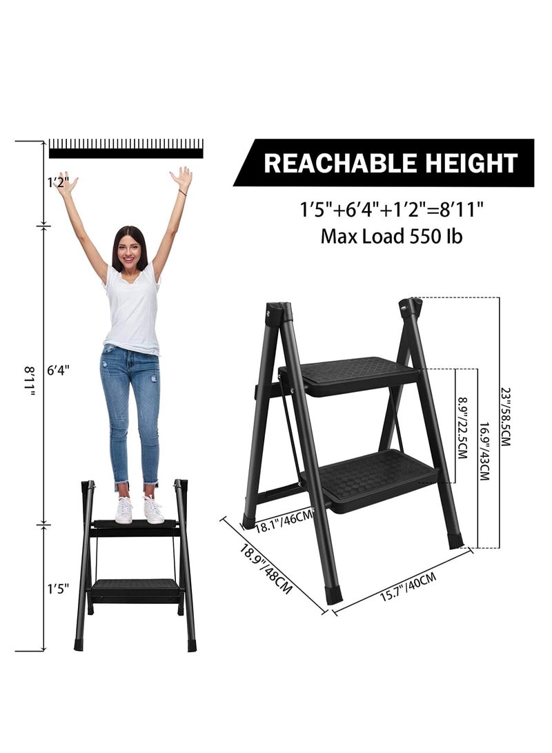 GUDOO درج مزدوج قابل للطي للمطبخ والخزانة المنزلية للبالغين، درج صغير خفيف الوزن قابل للطي والانهيار، درج خطوتين محمول للاستخدام في المنزل والمطبخ والحديقة والمكتب، درج خطوتين باللون الأسود. - Image 3