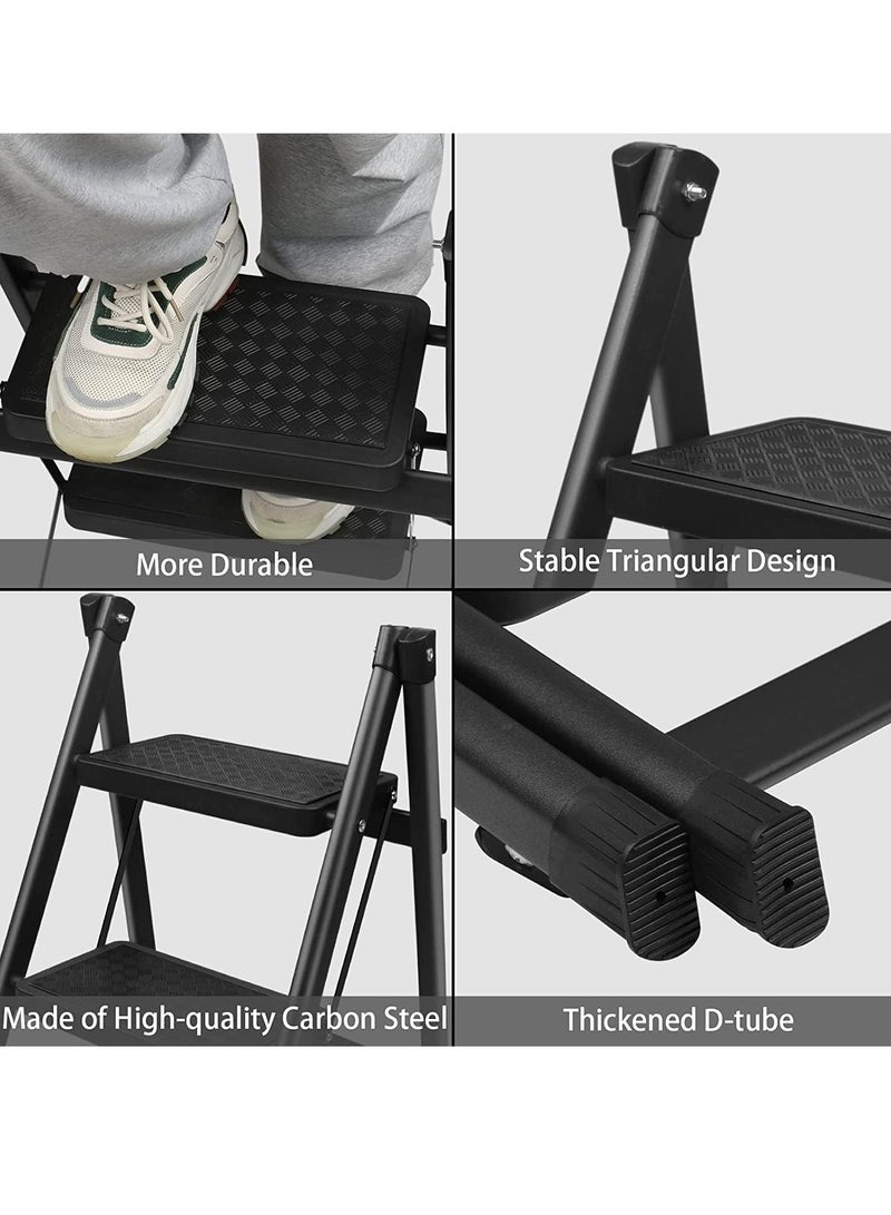 GUDOO درج مزدوج قابل للطي للمطبخ والخزانة المنزلية للبالغين، درج صغير خفيف الوزن قابل للطي والانهيار، درج خطوتين محمول للاستخدام في المنزل والمطبخ والحديقة والمكتب، درج خطوتين باللون الأسود. - Image 5
