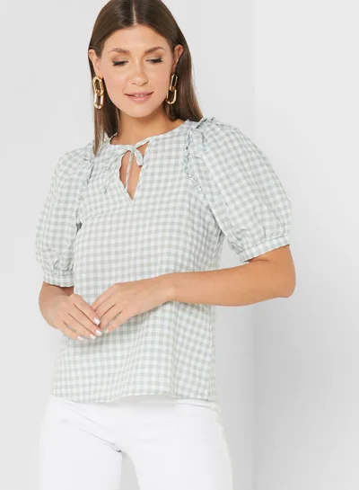 DOROTHY PERKINS Checked Puff Sleeve Tie Detail Top