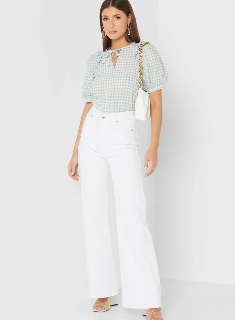 DOROTHY PERKINS Checked Puff Sleeve Tie Detail Top