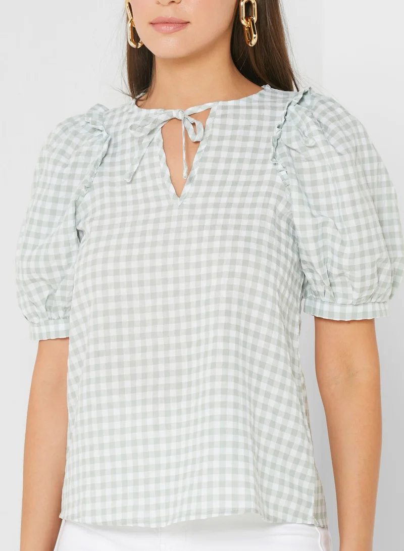 DOROTHY PERKINS Checked Puff Sleeve Tie Detail Top