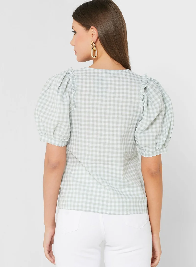 DOROTHY PERKINS Checked Puff Sleeve Tie Detail Top
