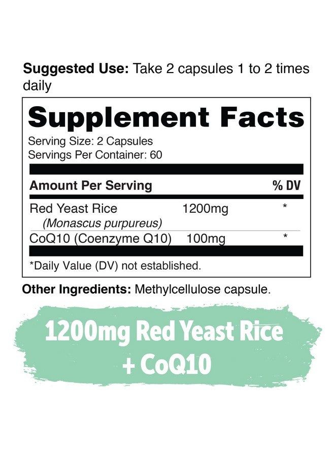Yuve Red Yeast Rice 1200 Mg Capsules Coq10 May Support Cardiovascular System & Blood Circulation Red Rice Yeast For Cholesterol 1200 Mg With Cq10 Triglycerides Lowering Vegan Supplement 120 Ct - Image 3