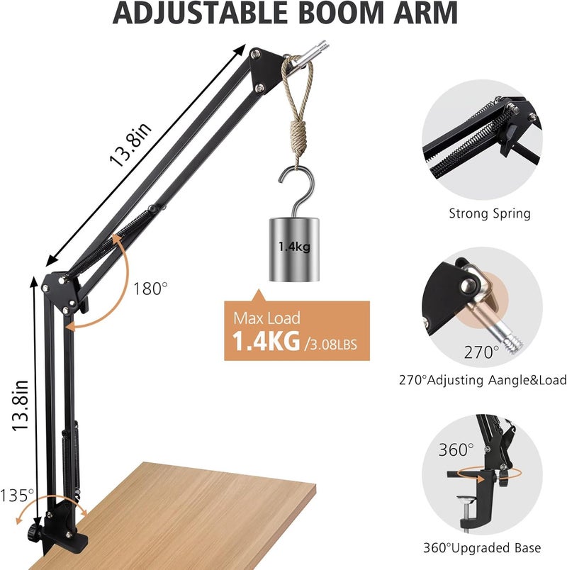 SUNMON Boom Arm - Metal Scissor Mic Boom Arm with 3/8'' to 5/8'' Adapter, K688 Microphone Stand with Cable Sleeve - Image 2