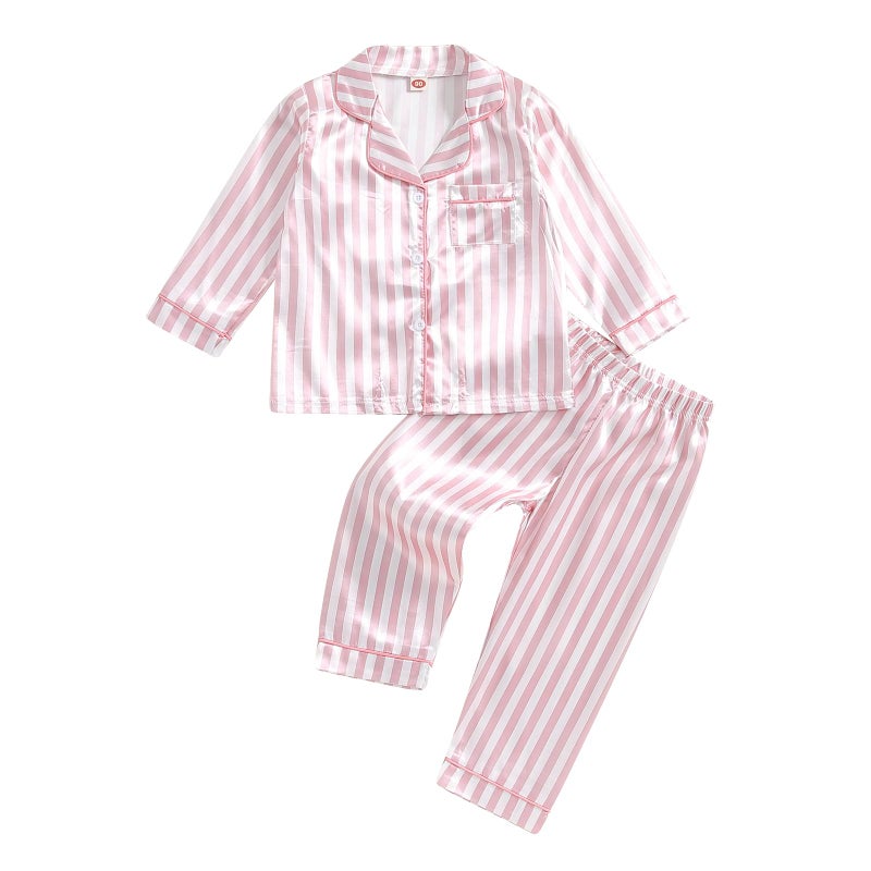 Douhoow Kids Baby Toddler Girls Satin Silk Pajamas Set Long Sleeve Button Down Shirts Tops Pants Fall Pjs Lounge Sleepwear (Pink Stripes, 5-6 Years) - Image 1