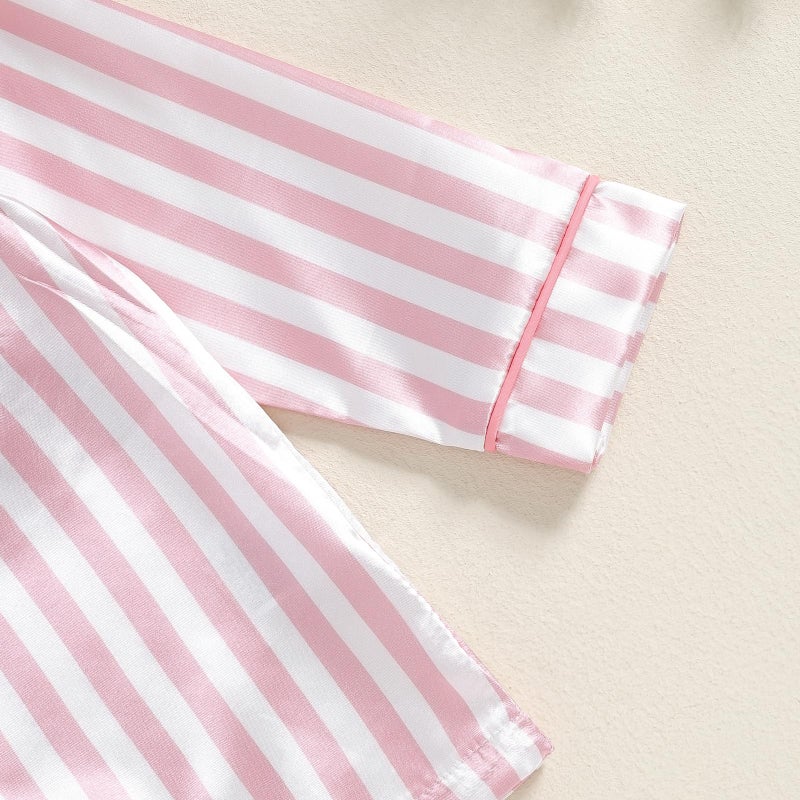 Douhoow Kids Baby Toddler Girls Satin Silk Pajamas Set Long Sleeve Button Down Shirts Tops Pants Fall Pjs Lounge Sleepwear (Pink Stripes, 5-6 Years) - Image 5