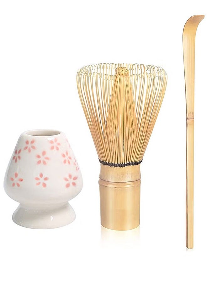 BOUND MOAT - 3-Piece Matcha Tea Whisk Set Traditional Handmade Matcha Tea Tool Matcha Stirrer Kit Bamboo Spoon with Hook Matcha Brush Placeer Set White and Pink Plum Blossom - Image 1