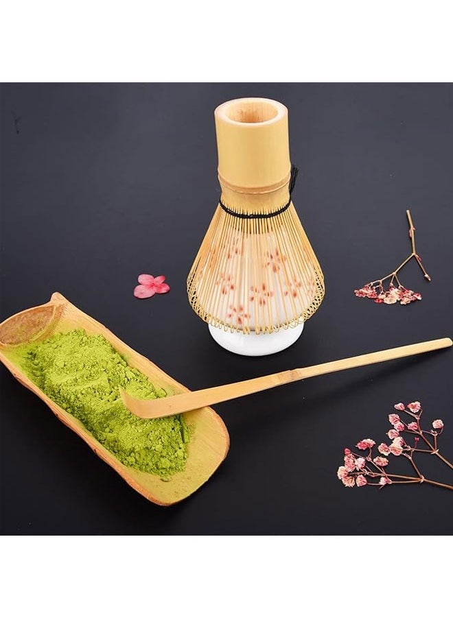 BOUND MOAT - 3-Piece Matcha Tea Whisk Set Traditional Handmade Matcha Tea Tool Matcha Stirrer Kit Bamboo Spoon with Hook Matcha Brush Placeer Set White and Pink Plum Blossom - Image 1